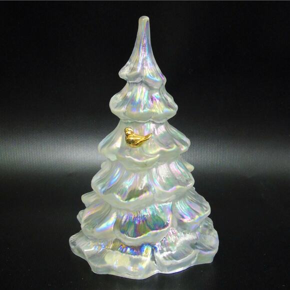 Fenton Glass Christmas Tree Figurine 6.5" Large White Iridescent Gold Bird Vtg - Picture 5 of 8